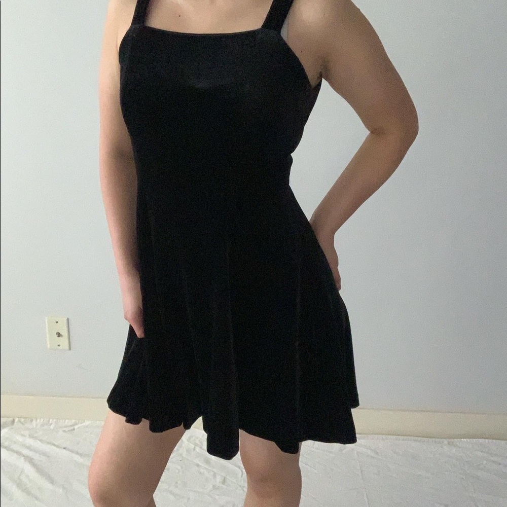 RARE Vintage 80s/90s Designer Brand Black Velour Mini Dress Belt A-Line Fit S/M